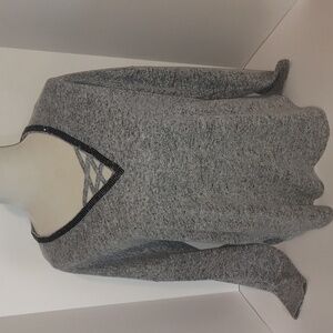 Jennifer Lopez JLO Gray Pullover Sweater with Lace up Rhinestoned Neckline XL